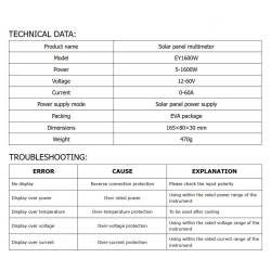 Solar Panel Multimeter ELEJOY EY1600W Voltage 12-60V Max Power 1600W Measure PV MPPT Power Output